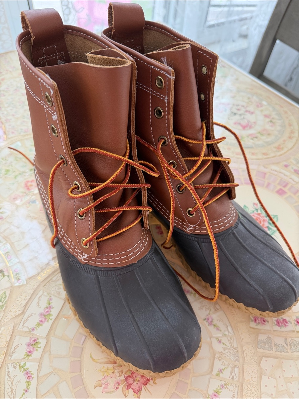 L.L. Bean Brown Leather & Black Rubber Duck Boots with Orange Laces